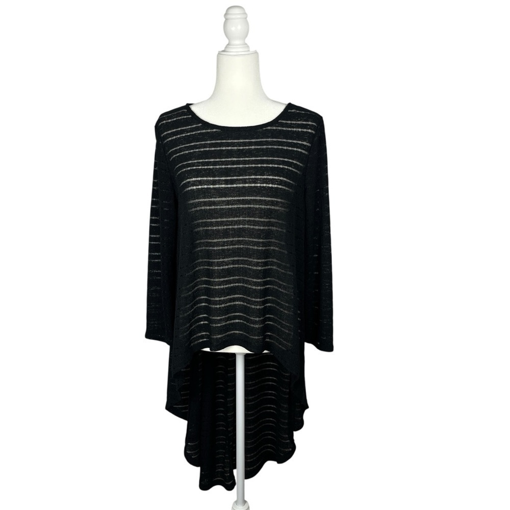 Semi Sheer Black Striped Knit High-Low Long Sleeve Tunic Top Australian Design L